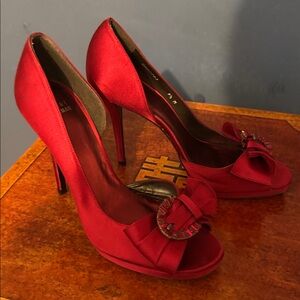 Stuart Weitzman "Paradise" Burgundy Satin Wrapped Embellished Peep-toe Formal He